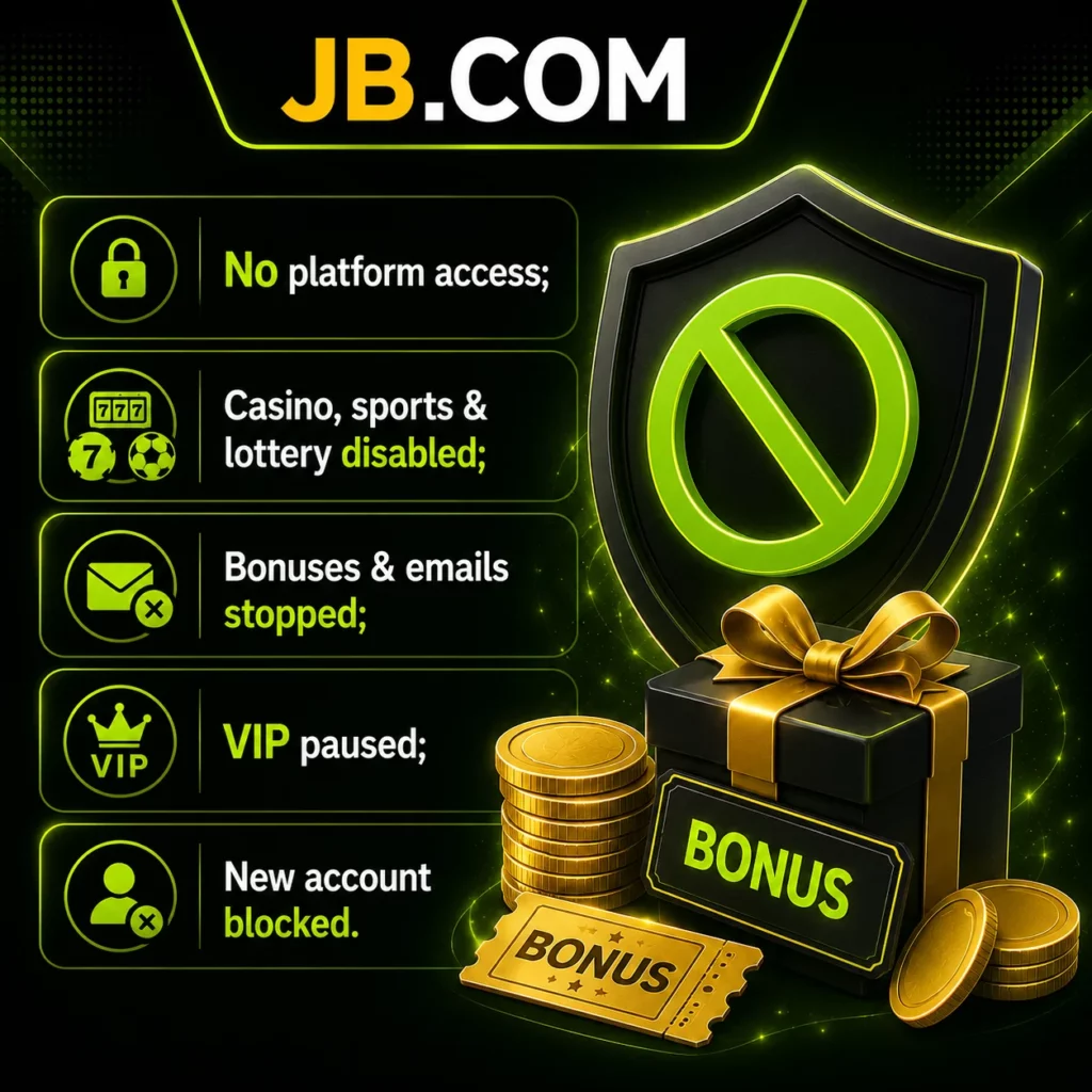 JB.COM account restriction with blocked access and paused bonuses.
