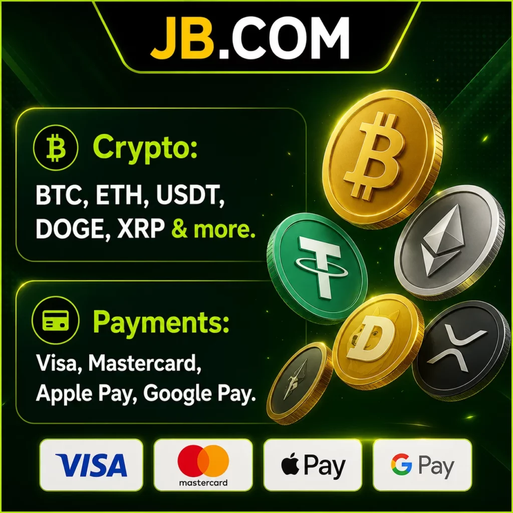 JB.COM crypto and payment methods with BTC, ETH, USDT and Visa.
