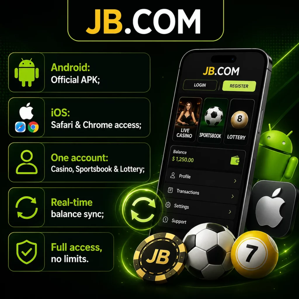 JB.COM mobile access with Android APK, iOS support and full platform access.